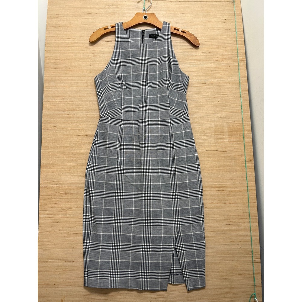 Banana Republic Black White Glen Plaid Halter Sheath Dress Front Slit Size 2